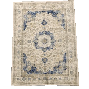 Vintage-style beige area rug with blue floral medallion and intricate border design.