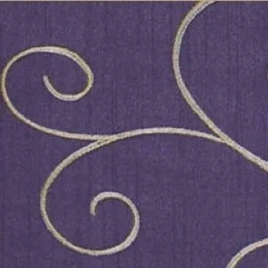 Purple fabric with metallic gold scrolling embroidered swirl pattern and textured background.