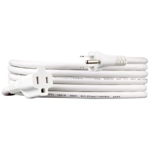 White extension cord with multiple outlets coiled neatly on white background.