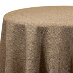 Taupe burlap-textured round tablecloth with soft draping and natural woven fabric appearance.