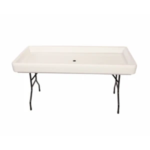 White rectangular folding table with sturdy black metal legs for event rentals.