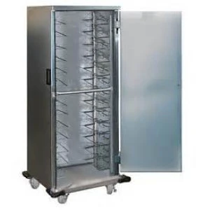 Stainless steel commercial mobile warming cabinet with multiple sliding rack shelves.
