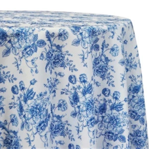 Blue and white floral toile print tablecloth with delicate china-inspired rose pattern.