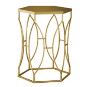 Gold hexagonal side table with intricate geometric wire frame design and metallic finish.