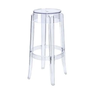 Transparent clear acrylic bar stool with modern minimalist design and four slender legs.