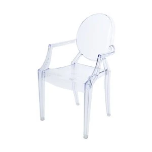 Transparent ghost chair with rounded back and arms, molded from clear acrylic plastic.