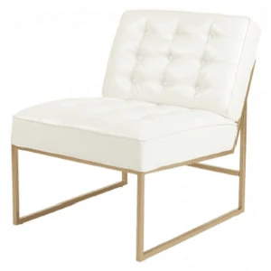 Modern white tufted lounge chair with sleek gold metal frame for event seating.