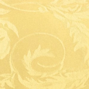 Soft yellow damask fabric with elegant swirling floral pattern and textured surface.