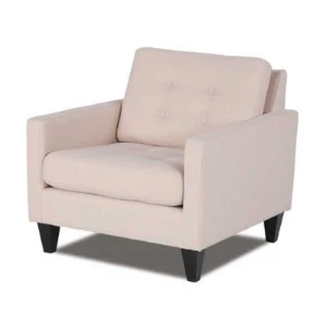 Light beige upholstered armchair with clean lines and tapered black wooden legs for event seating.