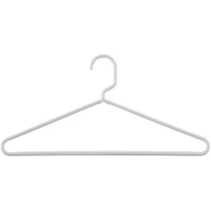 White plastic coat hanger with wide shoulders and sturdy design for clothing storage.