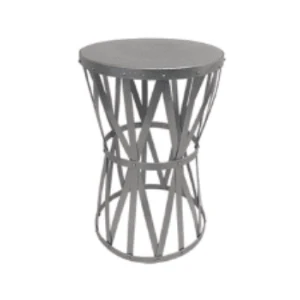 Gray geometric metal side table with hourglass-shaped open lattice frame design.