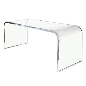 Clear glass waterfall coffee table with curved edges and modern minimalist design.