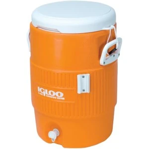 Large orange Igloo beverage cooler with white lid and spigot for outdoor events.