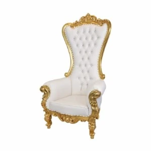 Ornate white tufted throne chair with intricate gold baroque-style frame and carved details.