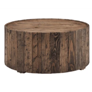 Rustic round wooden coffee table with distressed brown wood plank texture and cylindrical base.