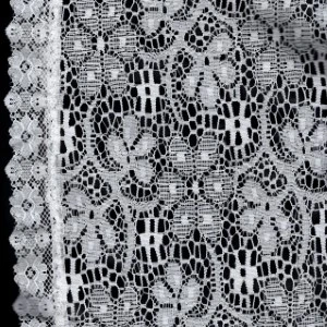 Intricate white lace fabric with delicate floral and geometric openwork pattern and scalloped edge.
