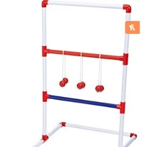 Red and white ladder golf game with hanging red golf balls for outdoor entertainment.
