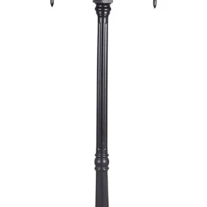 Black metal lamp post with ornate curved base and vertical ribbed column for event lighting.