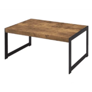 Rustic wooden coffee table with black metal frame and rich brown wood grain surface.