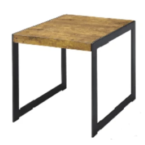 Industrial-style side table with rustic wood top and black metal frame for modern event decor.