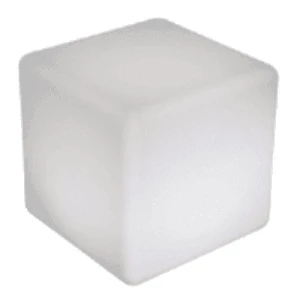 White glowing cube seat with soft, translucent LED light for event decor and lounge seating.