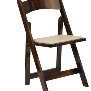 Wooden folding chair with dark brown frame and light beige padded seat for events.