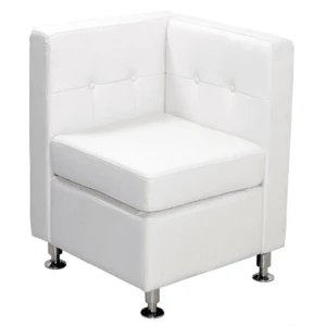 White tufted corner chair with leather-like upholstery and metal leg supports for modern event seating.