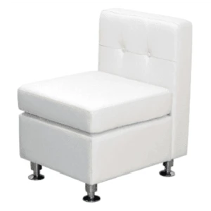 White tufted armless chair with storage base and metal legs for modern event seating.