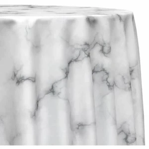 White marble-textured linen with soft gray veining, elegant event rental tablecloth.