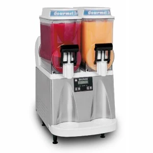 Stainless steel dual-chamber slush machine with red and orange frozen beverage containers.