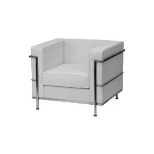 Modern white leather club chair with chrome frame and minimalist geometric design for event seating.