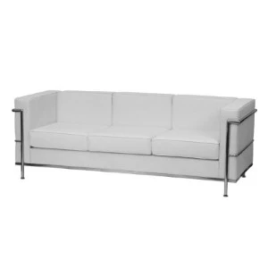 White modern leather sofa with chrome frame and clean minimalist design for event seating.
