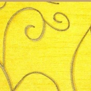 Soft yellow fabric with curvy, hand-drawn gray swirl design showing delicate textile texture.
