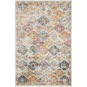 Vintage-inspired area rug with faded multicolor medallion pattern on ivory background.