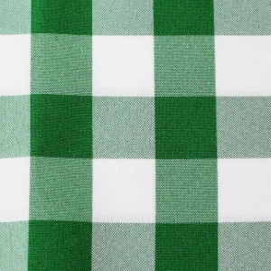 Green and white checkered gingham fabric with woven texture for event linen rentals.