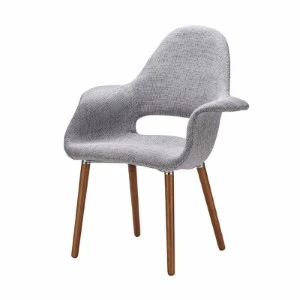 Gray mid-century modern accent chair with fabric upholstery and wooden tapered legs.