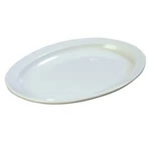 Oval white ceramic serving platter with smooth glazed surface for catering and event rentals.