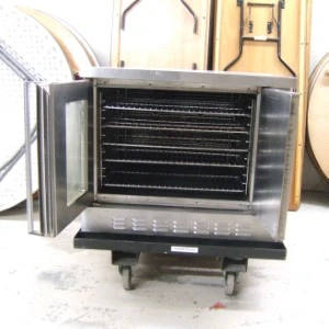 Stainless steel commercial convection oven on wheeled base with open door and multiple rack shelves.