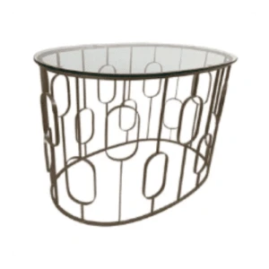 Bronze metal side table with oval glass top and geometric wire frame design for event decor.