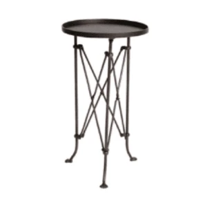 Tall black metal side table with X-shaped lattice base and round top for event decor.
