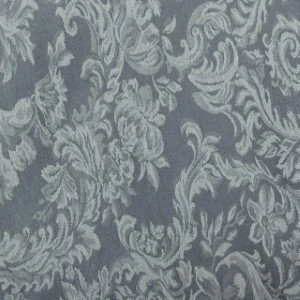 Gray damask linen fabric with elegant scrolling floral and leaf pattern in tone-on-tone textural design.