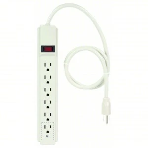 White six-outlet power strip with surge protector and long electrical cord.