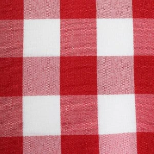 Red and white buffalo check gingham fabric with woven texture for event tablecloth rental.