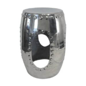 Silver metallic side table with riveted industrial design and oval cutout.