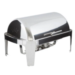 Stainless steel rectangular chafing dish with roll-top lid for catering and buffet service.