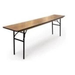 Wooden folding table with narrow rectangular shape and black metal legs for event rentals.