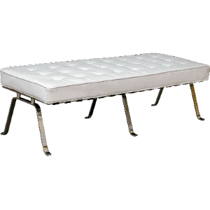 Silver metal bench with white tufted cushion and sleek chrome legs for modern event seating.