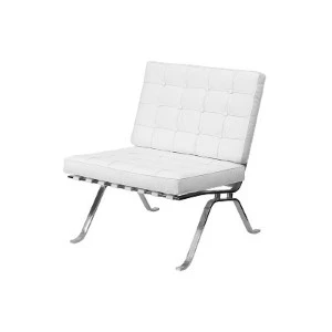 Minimalist white leather lounge chair with sleek metal X-frame base for modern event seating.