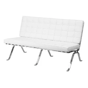 White modern bench with chrome legs and tufted upholstery for event seating.