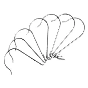 Curved metal tent stakes fanned out in a graceful arc, showing varying sizes and smooth silver finish.